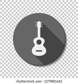 Acoustic guitar icon. Shape of classical musical instrument. flat icon, long shadow, circle, transparent grid. Badge or sticker style