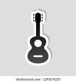 Acoustic guitar icon. Shape of classical musical instrument. Sticker style with white border and simple shadow on gray background