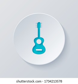 Acoustic guitar icon. Shape of classical musical instrument. Cut circle with gray and blue layers. Paper style