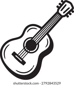 Acoustic Guitar Icon, Acoustic guitar with six strings on a plain white background, illustration