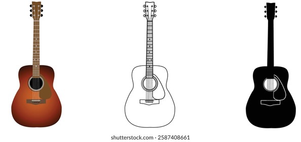 Acoustic guitar icon with three types,colored model,outline type and silhouette type,musical instrument,vector illustration on white background.