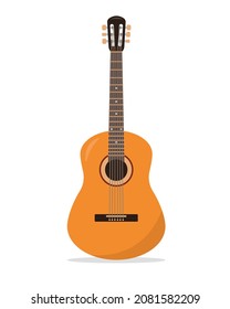 Acoustic Guitar icon. Wooden stringed musical instrument guitar with six strings isolated on white background. Vector illustration in flat or cartoon style.