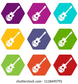 Acoustic guitar icons 9 set coloful isolated on white for web