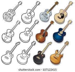 Acoustic Guitar Icons Selection of musical vector icon illustrations on an Acoustic Guitar theme. Easy to edit layers included.