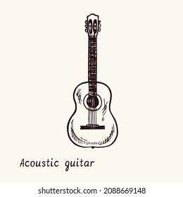 Acoustic guitar. Ink black and white doodle drawing in woodcut style with inscription.