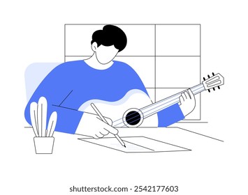 Acoustic guitar isolated cartoon vector illustrations. Young man writes chords on a piece of paper, holding acoustic guitar in hands, creative hobby, leisure time, songwriter vector cartoon.