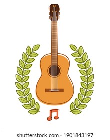 Acoustic guitar with laurel wreath vector emblem for festival or concert or player isolated on white, live music theme, logo for musical recording label, instruments shop.