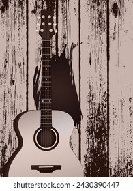Acoustic guitar leaning against an old wooden wall. Used for decoration, advertising design, websites or publications, banners, posters and brochures.