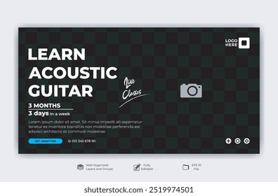 Banner de aula de aprendizado de guitarra acústica com lições ao vivo e detalhes do curso