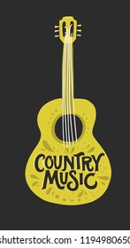 Acoustic guitar with lettering country music inside.  Great element for music festival or t-shirt. Vector concept.