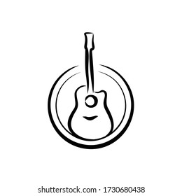 acoustic guitar with line staff circle shape logo icon outline stroke set dash line design illustration 