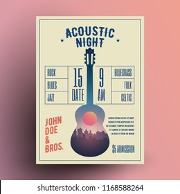 Acoustic Guitar Live Music Night Party Concert Poster Or Flyer Or Banner Template. Vector Illustration.