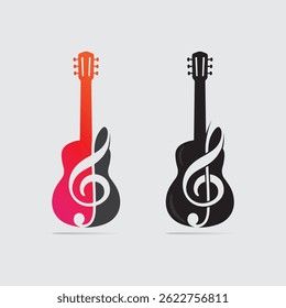 Design de logotipo de guitarra acústica em estilo plano

