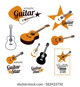 Acoustic Guitar Logo And Icons Set. Isolated Vector Illustrations