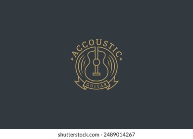 Acoustic guitar logo with vintage classic design in line art design style