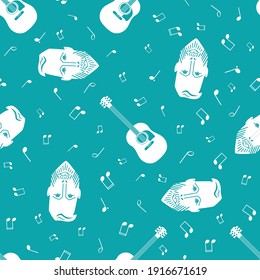 Acoustic guitar, male face, music notes vector seamless pattern background. Musical string instrument and annotation, bearded man backdrop. Aqua blue white repeat for music band or festival concept