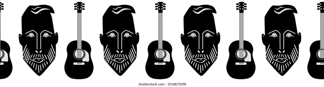 Acoustic guitar and male face vector seamless border. Banner with black alternating rows of string instruments and bearded man hipster head. High contrast monochrome design for edging, ribbon. tape