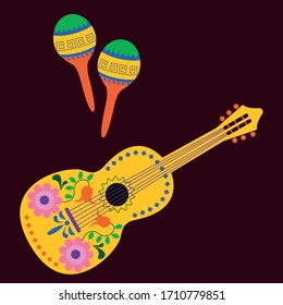 Acoustic guitar and Maracas with Mexican, Aztec, Maya ornaments isolated on black background.  String musical instrument in flat style. Vector illustration for cinco de mayo. 
