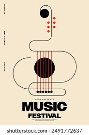 Acústica guitarra minimalista geométrica línea negra vintage estilo retro. Fondo del diseño de la Plantilla del cartel del festival de música. Elemento gráfico para impresión, folleto, folleto, folleto, folleto, Ilustración vectorial