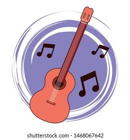 Acoustic guitar music instrument cartoon with music notes vector illustration graphic design.