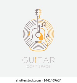 Acoustic guitar, music note with line staff circle shape logo icon outline stroke set dash line design illustration isolated on grey background with guitar text and copy space