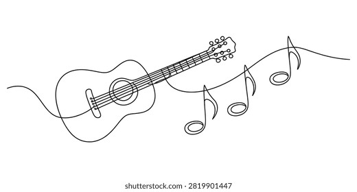 Acoustic guitar and music notes drawn in one continuous line art style