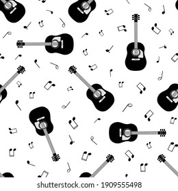 Acoustic guitar and music notes vector seamless pattern background. Musical string instrument and annotation backdrop. Monochrome repeat. All over print repeat for music lesson or festival concept