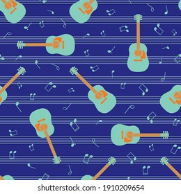 Acoustic guitar and music notes vector seamless pattern background. String instrument and annotation backdrop with musical staff horizontal lines. Neon color repeat for party or festival concept