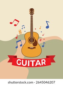 Guitarra acústica e notas musicais Vetor: ilustração vetorial vibrante de uma guitarra acústica com notas musicais. Perfeito para designs com temas musicais, cartazes, banners e muito mais!