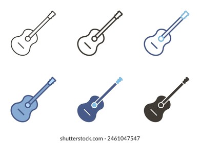 Acoustic guitar musical instrument icon. Vector graphic elements in flat, filled and unfilled outline, color and black and white