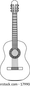 Acoustic guitar. Musical instrument. Vector isolated monochrome illustration.