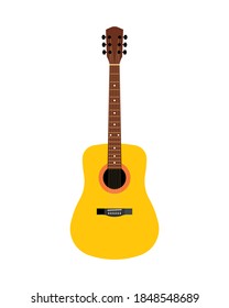 Acoustic guitar. Musical instrument. Vector illustration, flat style. Isolated on white background.