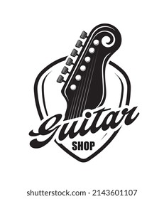 Acoustic guitar neck music instruments shop icon. Isolated vector silhouette of pick with guitar headstock, tuning pegs or keys and strings, monochrome symbol of musical equipment