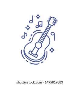 Acoustic guitar with notes line icon. String musical instrument. Sign for web page, mobile app, banner, social media. Isolated flat drawing, illustration. 