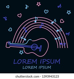 Acoustic guitar, notes, rainbow. Poster music concert, festival. Vector illustration
