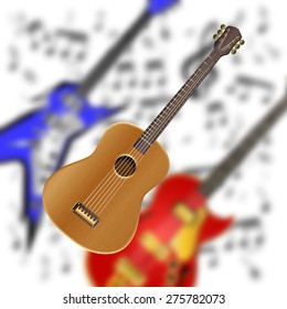 acoustic guitar on the background of electric guitars