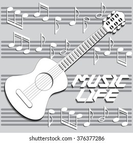 Acoustic guitar on the background notes. Vector illustration. Applique with realistic shadows.