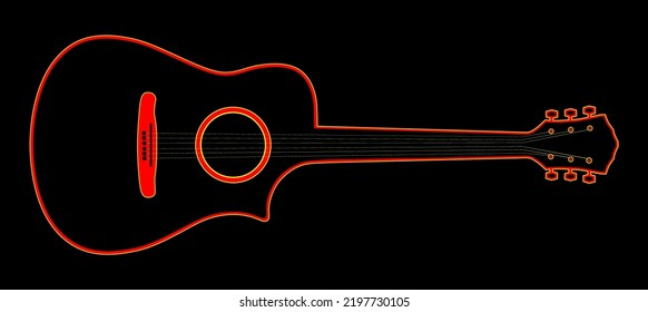 Acoustic guitar on a black background linear neon pattern vector illustration.