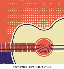 Acoustic guitar on old paper. Retro poster background for text