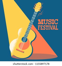 Acoustic guitar on stage with text .Vector color music background 