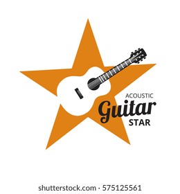 Acoustic guitar on yellow golden star. music logo. isolated vector illustration