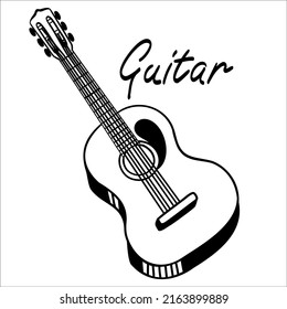 Acoustic guitar outline sketch vector illustration with music text isolated on white.