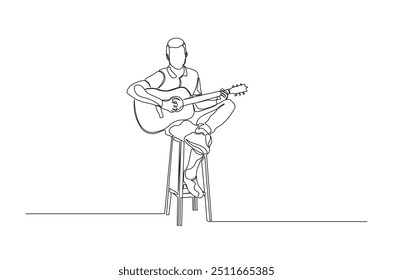 Acoustic guitar player continuous one line drawing. Playing guitar single line art illustration. Editable vector.