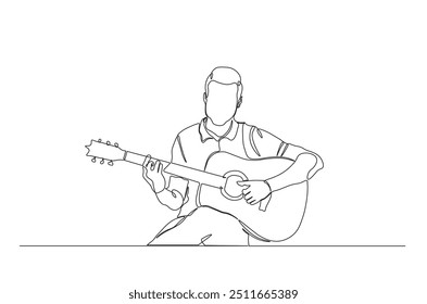 Acoustic guitar player continuous one line drawing. Playing guitar single line art illustration. Editable vector.