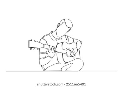 Acoustic guitar player continuous one line drawing. Playing guitar single line art illustration. Editable vector.