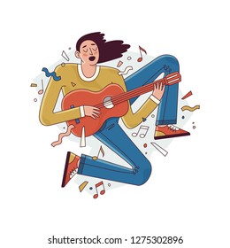 Acoustic guitar player. Vector image. Hand drawn illustration isolated on a white background.