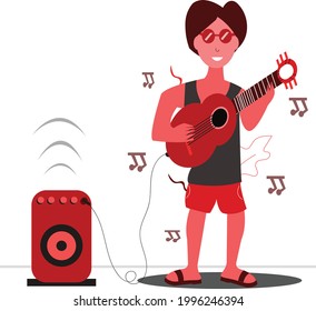 Acoustic guitar player , Young man playing guitar and singing red theme Vector illustration.
