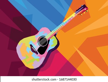 Acoustic Guitar In Popart Style For Music Background Illustration And Icon Isolated