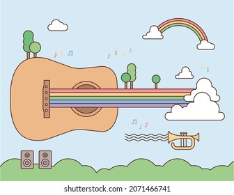 Acoustic guitar with rainbow. Cute sky background. flat design style illustration.