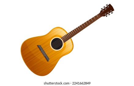 Acoustic guitar in realistic flat style. Classic stringed hobby musical instrument isolated on white background. Brown wooden vintage design. Equipment for pop concert, jazz music. Vector illustration